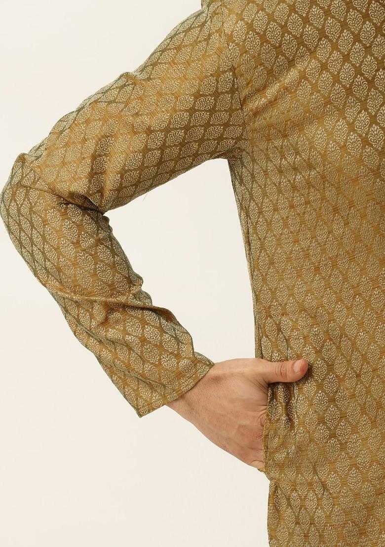 Olive Ethnic Motifs Jacquard Kurta Set For Men