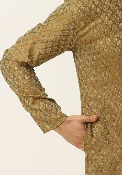 Olive Ethnic Motifs Jacquard Kurta Set For Men