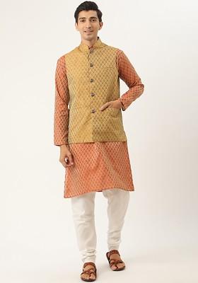 Orange Ethnic Motifs Poly Blend Kurta Set For Men