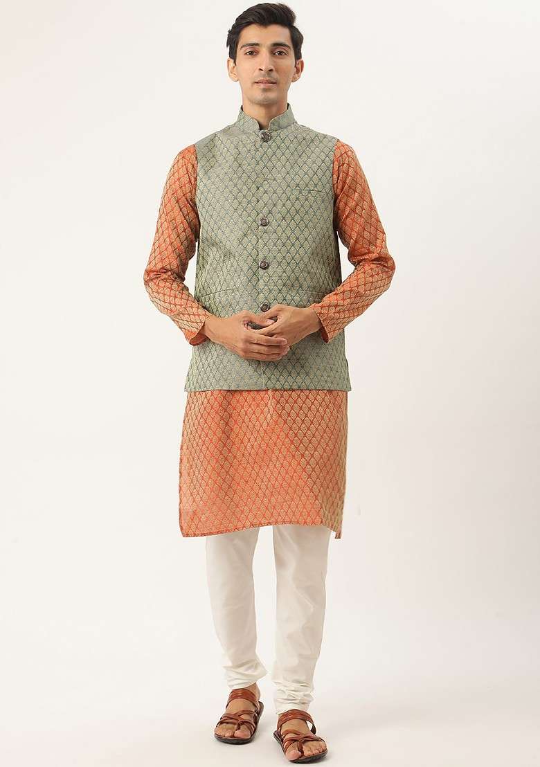 Orange Ethnic Motifs Silk Blend Kurta Set For Men - Indya