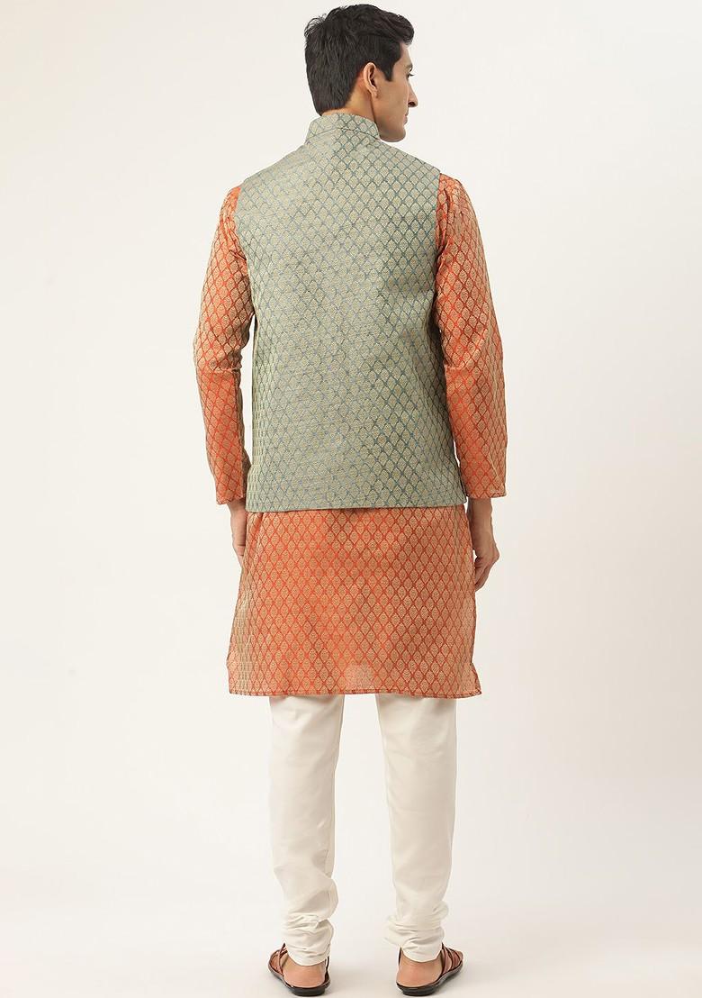 Orange Ethnic Motifs Silk Kurta Set For Men