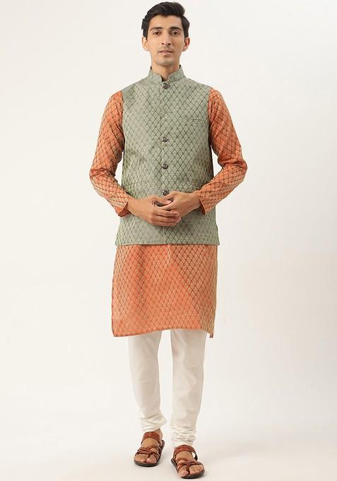 Orange Ethnic Motifs Silk Kurta Set For Men — view on Indya
