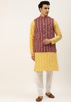 Yellow Thread Work Poly Blend Kurta Set For Men