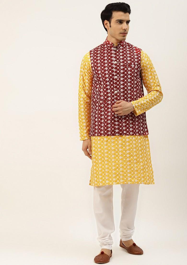 Yellow Thread Work Poly Blend Kurta Set For Men