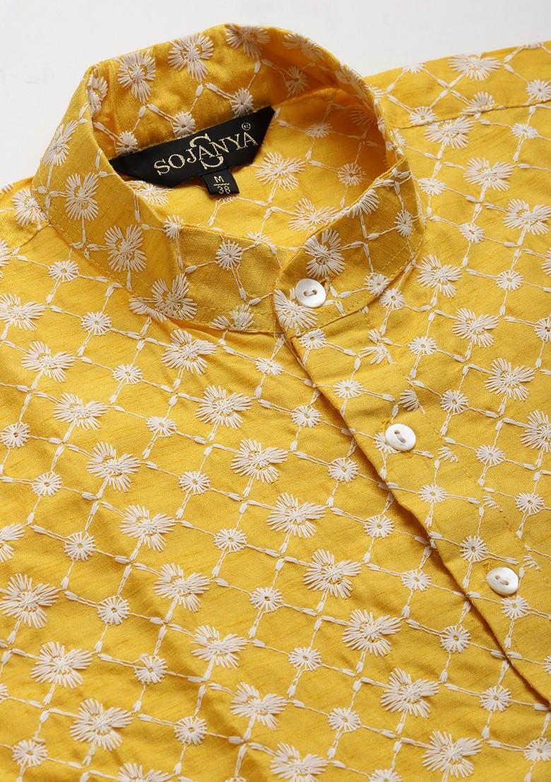 Yellow Thread Work Poly Blend Kurta Set For Men