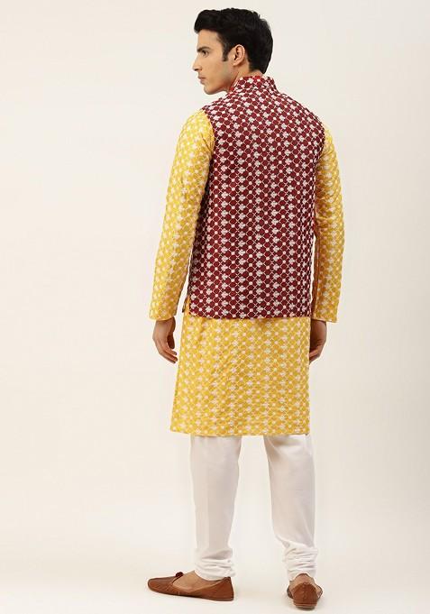 Yellow Thread Work Poly Blend Kurta Set For Men