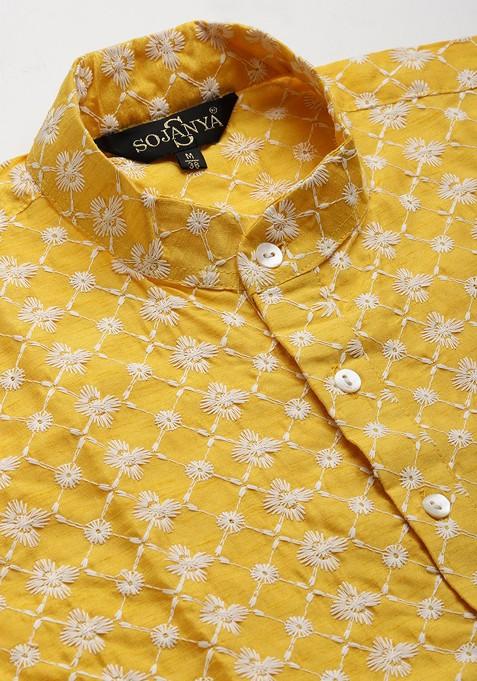 Yellow Thread Work Poly Blend Kurta Set For Men