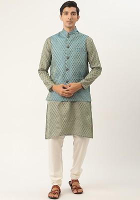 Green Ethnic Motifs Poly Blend Kurta Set For Men