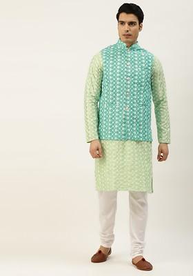Turquoise Blue Embroidered Poly Blend Kurta Set For Men
