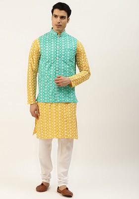 Yellow Thread Work Poly Blend Kurta Set For Men