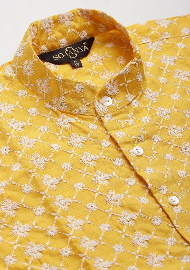 Yellow Thread Work Poly Blend Kurta Set For Men