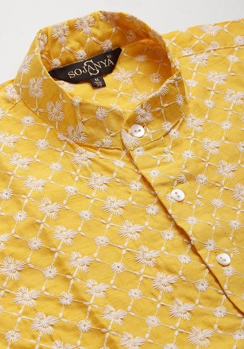 Yellow Thread Work Poly Blend Kurta Set For Men