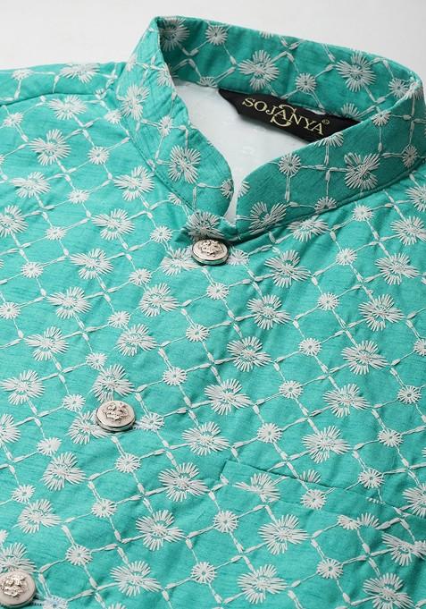 Yellow Thread Work Poly Blend Kurta Set For Men