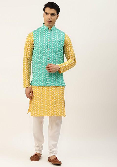 Yellow Thread Work Poly Blend Kurta Set For Men