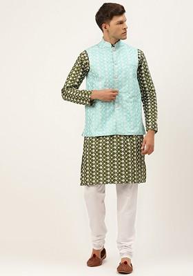 Green Thread Work Poly Blend Kurta Set For Men