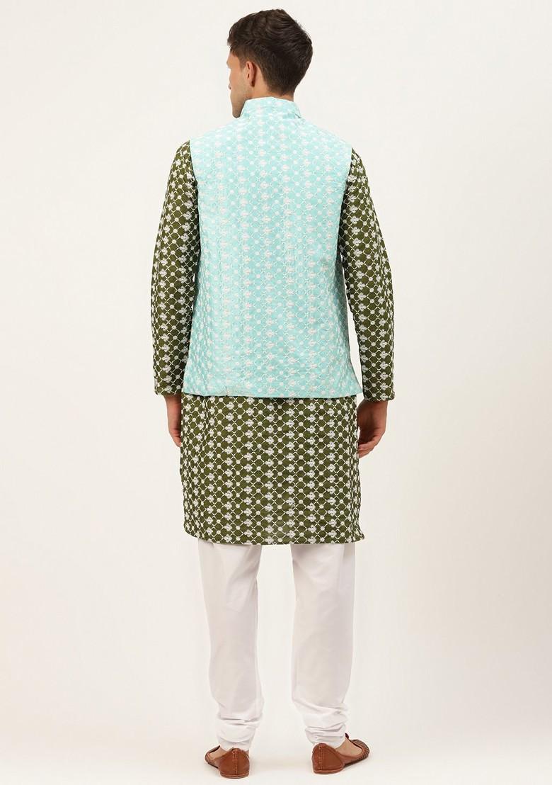 Green Thread Work Poly Blend Kurta Set For Men