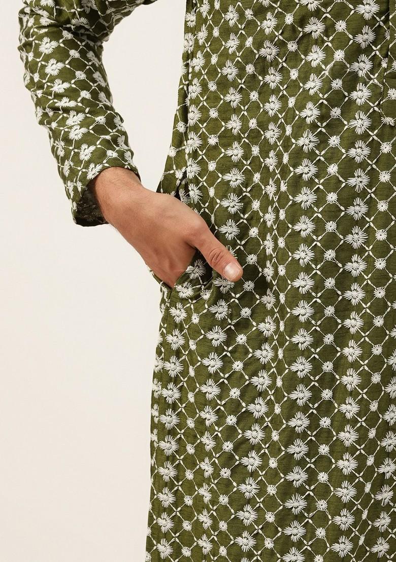 Green Thread Work Poly Blend Kurta Set For Men