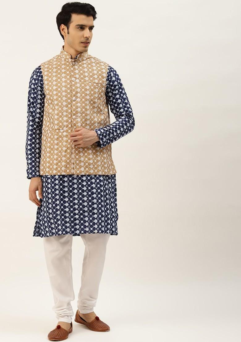 Navy Blue Embroidered Poly Blend Kurta Set For Men