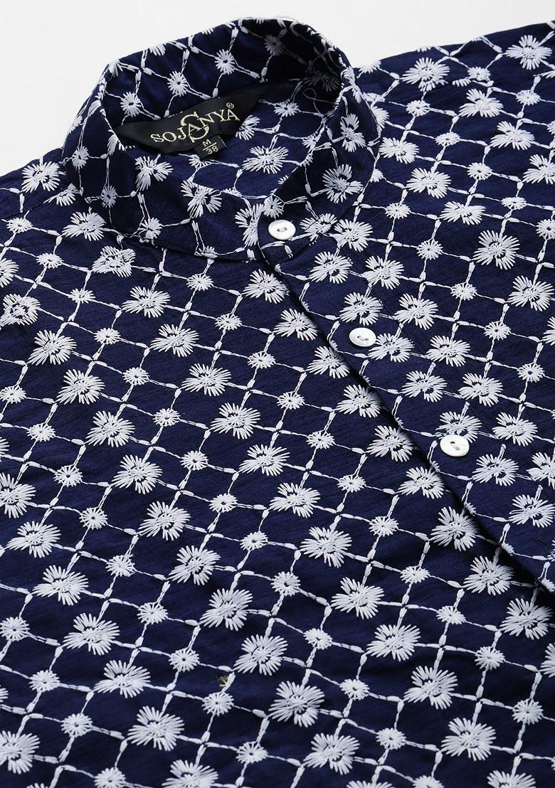 Navy Blue Embroidered Poly Blend Kurta Set For Men