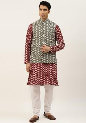Maroon Thread Work Poly Blend Kurta Set For Men