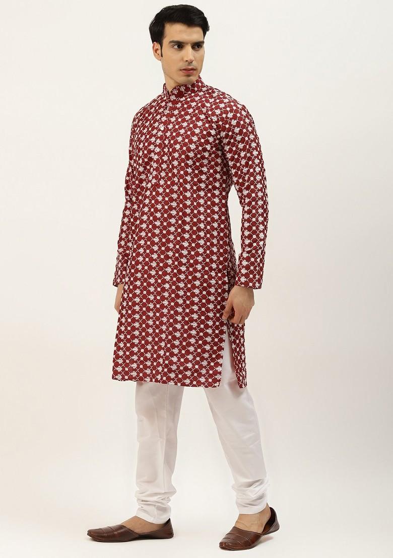 Maroon Thread Work Poly Blend Kurta Set For Men