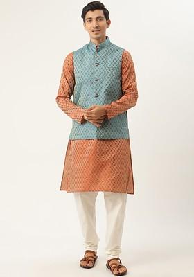 Orange Ethnic Motifs Poly Blend Kurta Set For Men