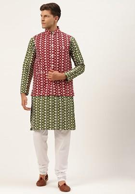 Green Thread Work Poly Blend Kurta Set For Men