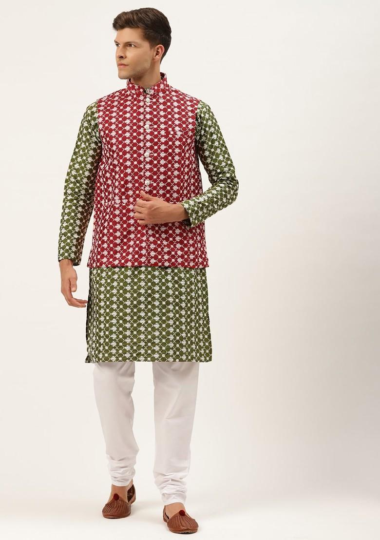 Green Thread Work Poly Blend Kurta Set For Men