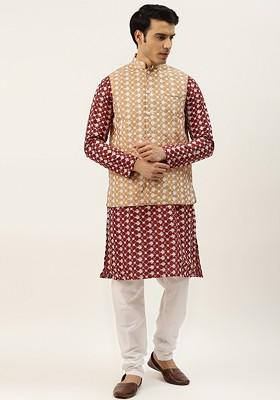Maroon Thread Work Poly Blend Kurta Set For Men
