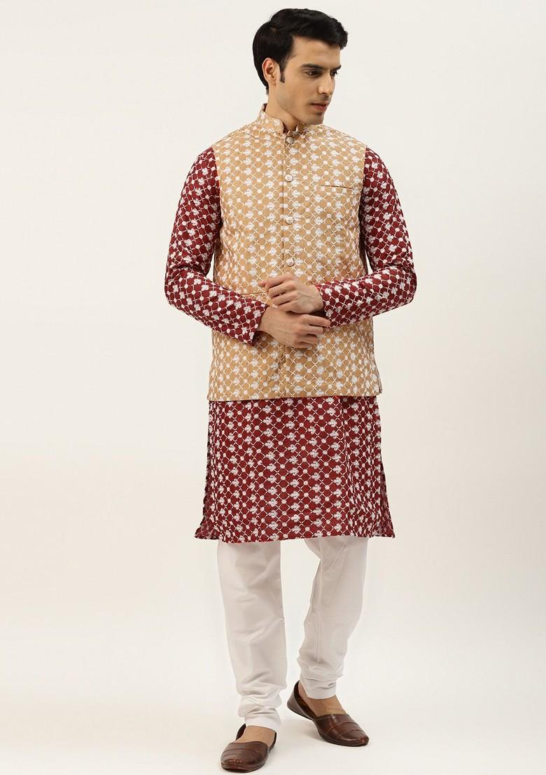 Maroon Thread Work Poly Blend Kurta Set For Men