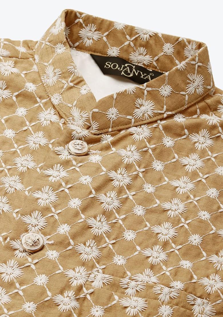 Green Thread Work Poly Blend Kurta Set For Men