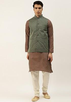 Maroon Woven Poly Blend Kurta Set For Men