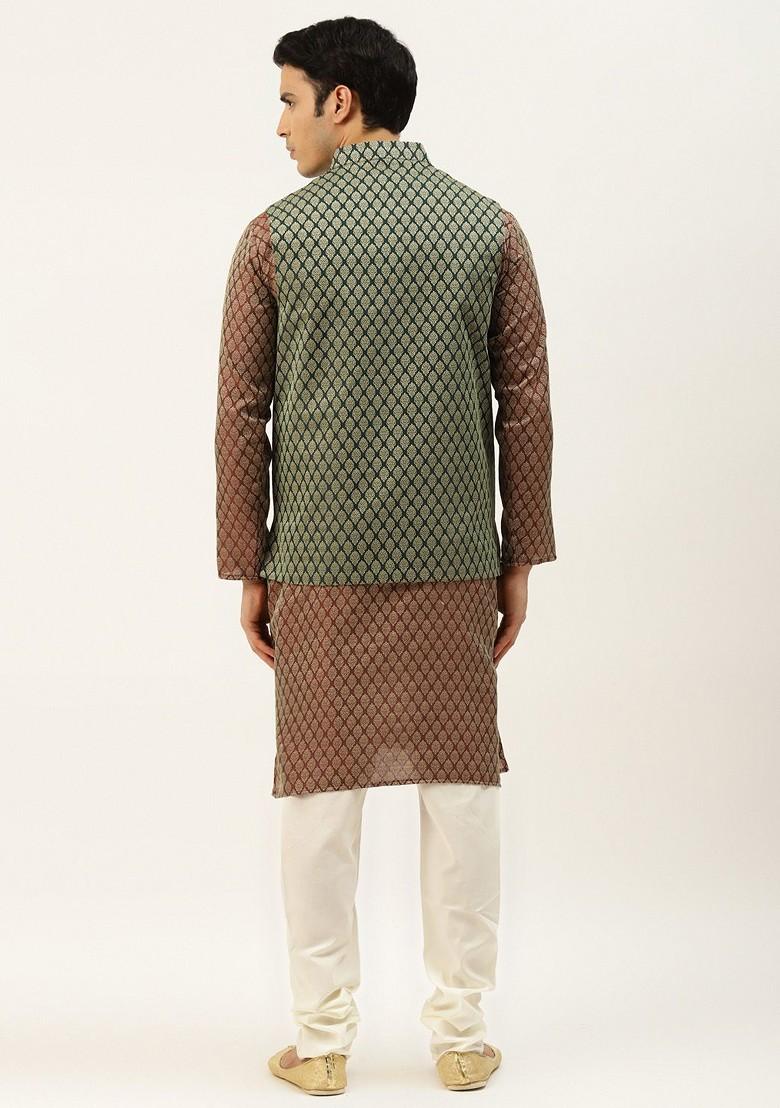 Maroon Woven Poly Blend Kurta Set For Men