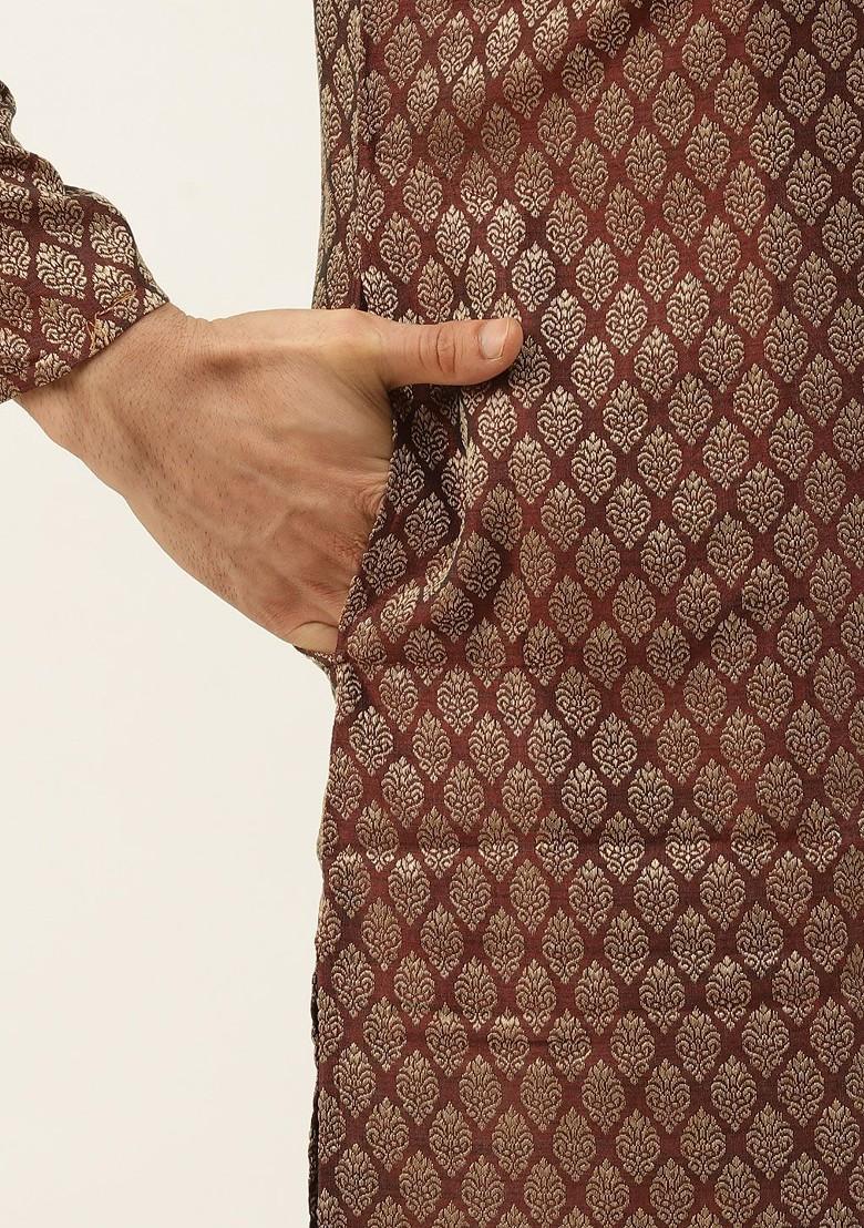Maroon Woven Poly Blend Kurta Set For Men