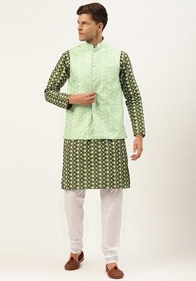 Olive Thread Work Poly Blend Kurta Set For Men