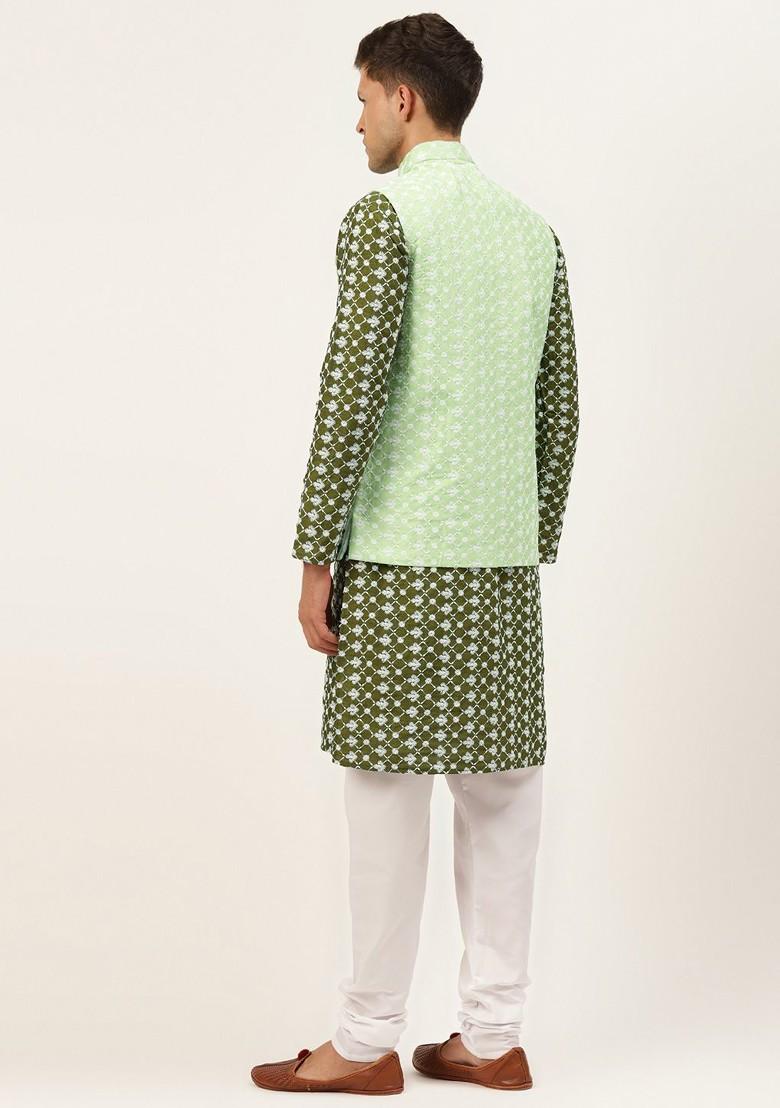 Olive Thread Work Poly Blend Kurta Set For Men