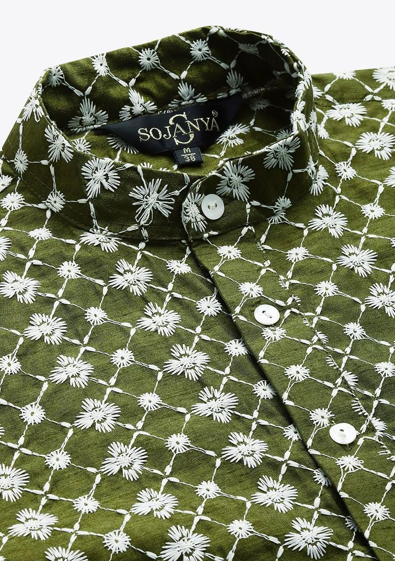 Olive Thread Work Poly Blend Kurta Set For Men