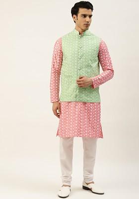 Pink Thread Work Poly Blend Kurta Set For Men