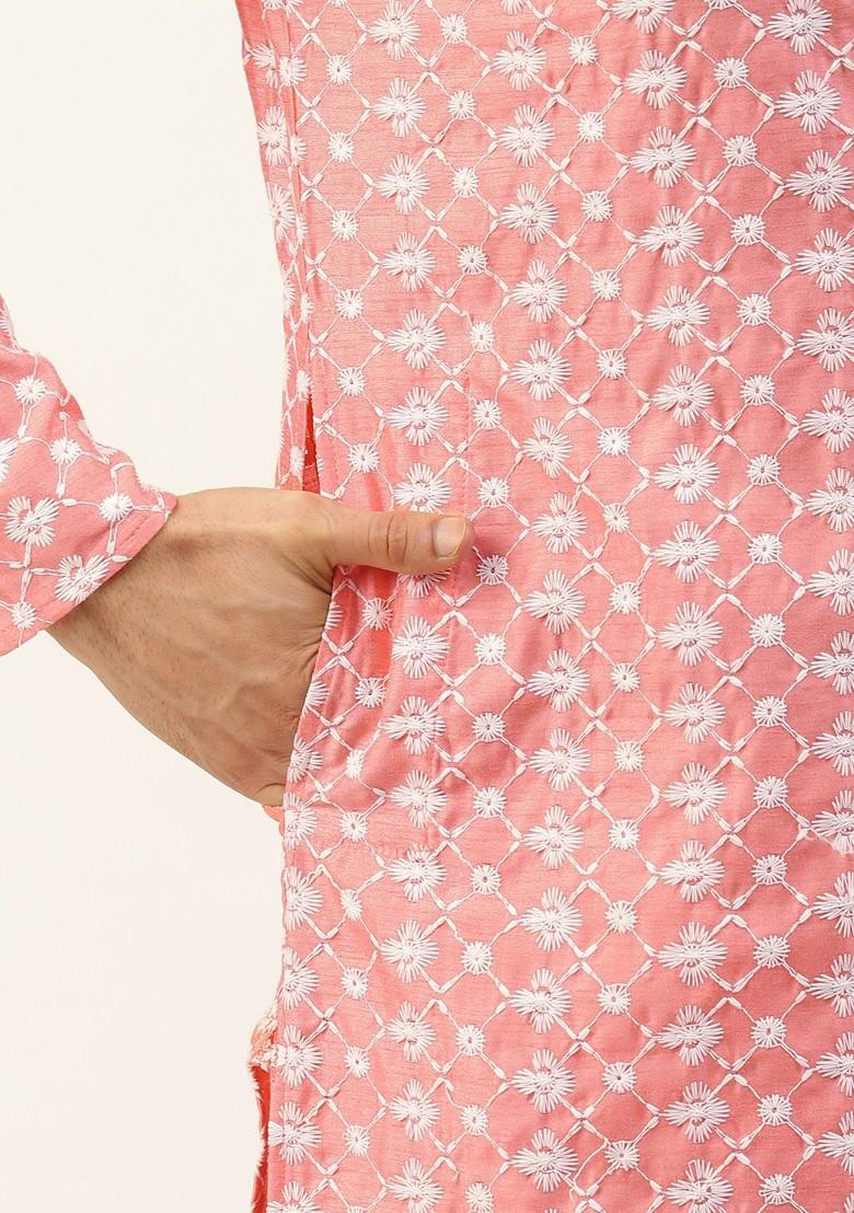 Pink Thread Work Poly Blend Kurta Set For Men