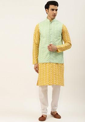 Yellow Thread Work Poly Blend Kurta Set For Men