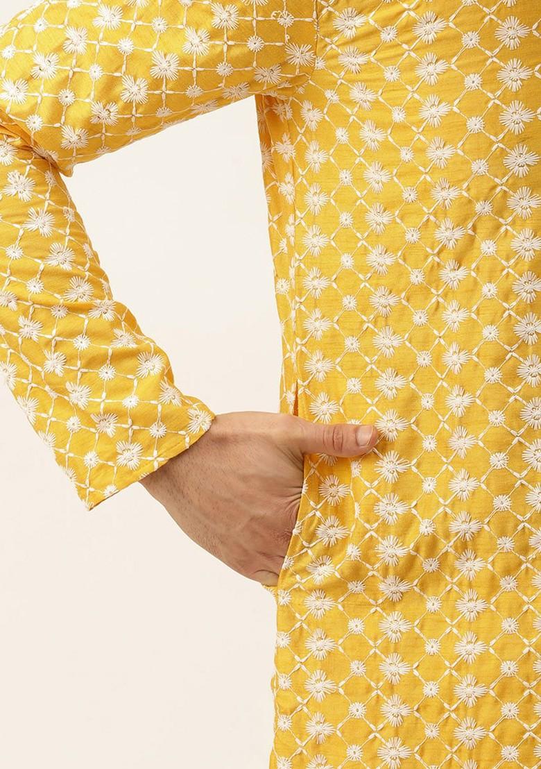 Yellow Thread Work Poly Blend Kurta Set For Men