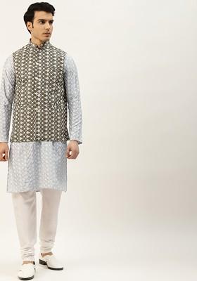 Grey Embroidered Poly Blend Kurta Set For Men
