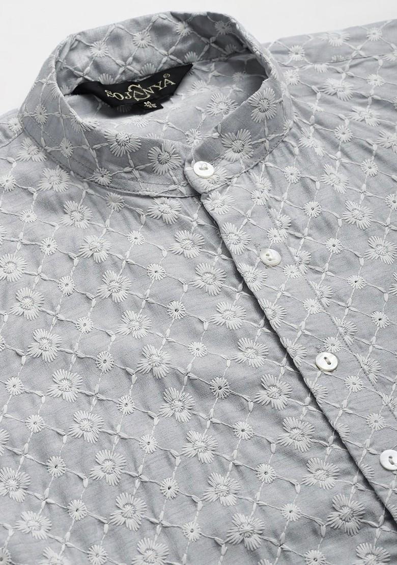 Grey Embroidered Poly Blend Kurta Set For Men