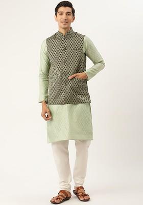 Green Ethnic Motifs Poly Blend Kurta Set For Men