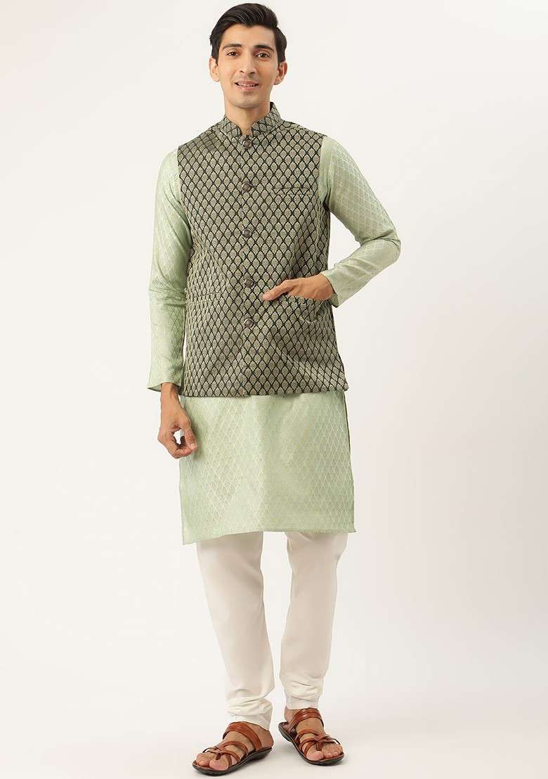 Green Ethnic Motifs Poly Blend Kurta Set For Men - Indya