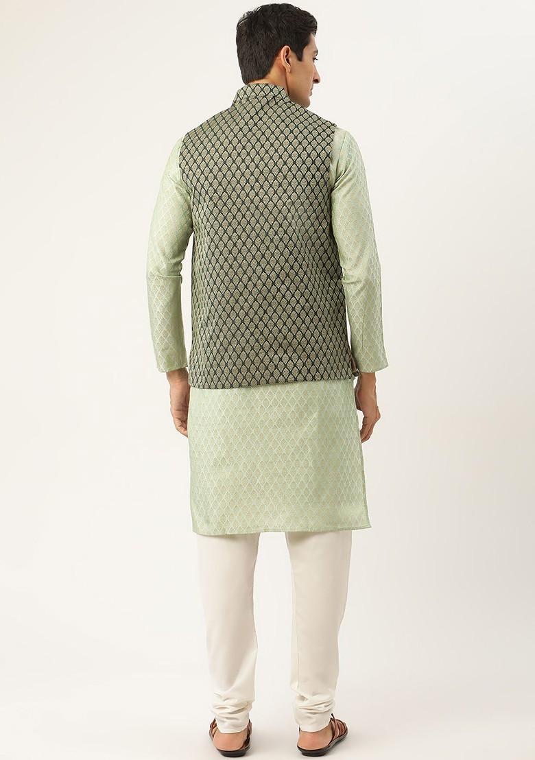 Green Ethnic Motifs Poly Blend Kurta Set For Men
