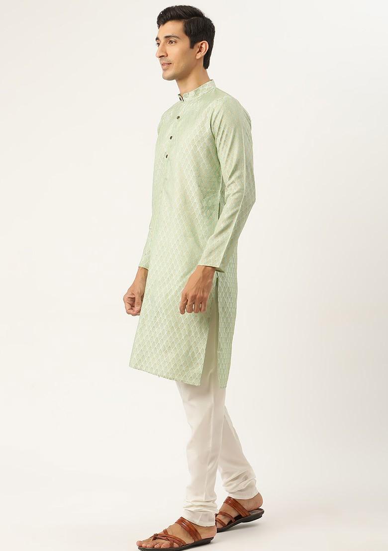 Green Ethnic Motifs Poly Blend Kurta Set For Men