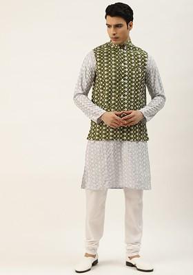 Grey Embroidered Poly Blend Kurta Set For Men