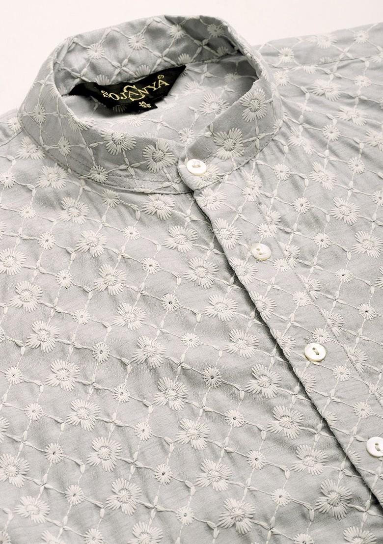 Grey Embroidered Poly Blend Kurta Set For Men
