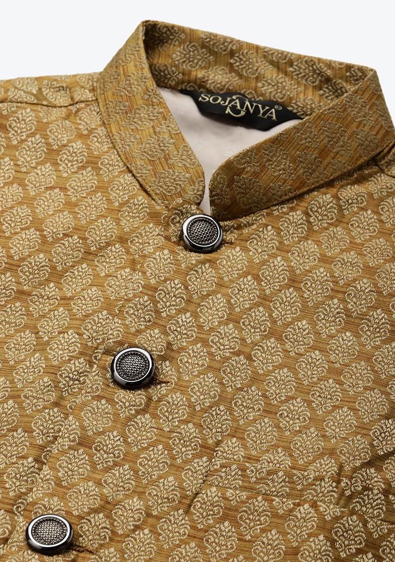 Maroon Woven Poly Blend Kurta Set For Men